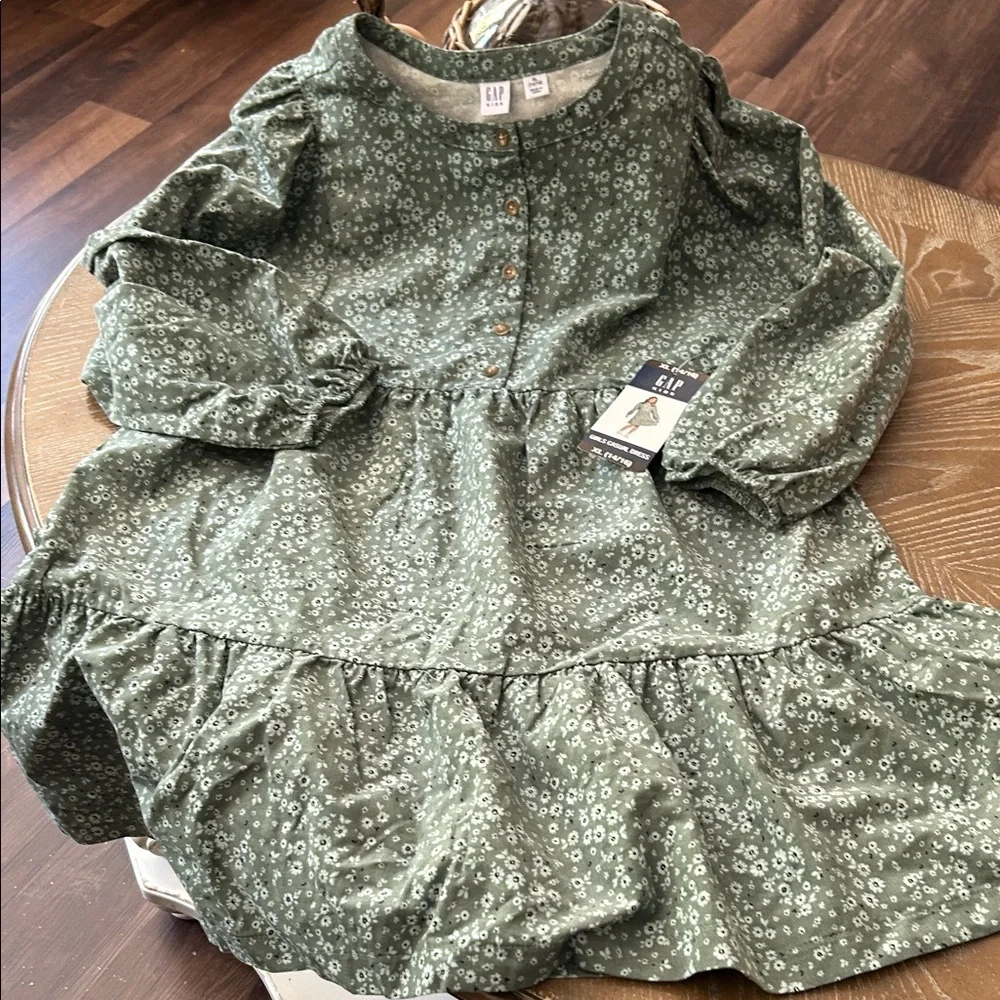 NWT! Gap Kids Girls XL Green & White Floral Long Sleeve Corduroy Dress